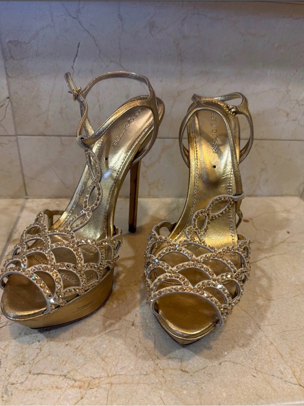 Gold Crystal-Strap High Heel Sandals